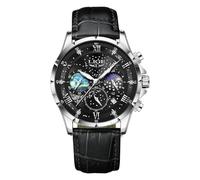 LIGE Waterproof Watches for Men Analog Dress Water Proof Chronograph Work Casual Leather Water-Resistant Lunar Phase Display Quartz Wristwatch with Date & Luminous Men's Wrist Watch, Black