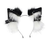Ligeinsrk Cat Ears Headband, 1PCS Furry Ears Headwear with Metal Heart and Chain Decor, Gothic Punk Therian, Animal Hairband for Cosplay Costume, Black and White Fox