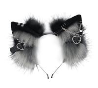 Ligeinsrk Cat Ears Headband, 1PCS Furry Ears Headwear with Metal Heart and Chain Decor, Gothic Punk Therian, Animal Hairband for Cosplay Costume, Black and Grey Therian