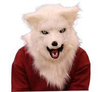 Ligeinsrk Fox Mask, Realistic Furry Fox Head Cover, Movable Jaw Wolf Masks for Halloween Cosplay (White)