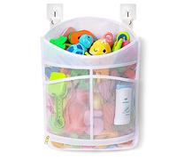 Ligereza Mesh Bath Toy Organizer, Various Hanging Ways, Large Capacity Large Opening, YKK Zipper, 4 Super Hooks, with Two Compartment Pockets, Baby Bathtub Toy Storage Bag (Large White)