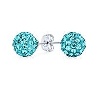 Light Aqua Blue Pave Crystal Disco Ball Stud Earrings for Women Teens Round Simple Basic Design .925 Sterling Silver - 8MM Size
