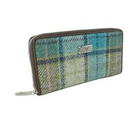 Light Aqua Blue Sage Green Tartan Check Harris Tweed Ladies Staffa Zip Round Purse Wallet