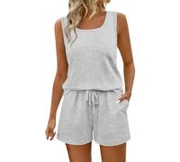 Light Ashy Travel Loungewear Sets for Women Petite Square Neck Sleeveless Vest Top and Shorts 2 Piece Casual Set Lightweight Breathable Loungewear with Pockets for Summer Beach Holidays UK 10