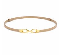 Light Beige Genuine Leather Slim Belt with Gold-Tone Metal Buckle - Adjustable Waist Strap for Women's Dresses, High-Waist Trousers and Formal Wear, Stylish Accessory for Elegant Everyday Outfits