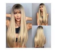 Light Blonde Hair Wig with Dark Roots Long Straight Synthetic Wig with Bangs for White Women Heat Resistant Fibre Straight Wigs with Natural Hairline Daily Use