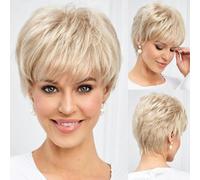 Light Blonde Mixed Off-White Short Pixie Cut Wigs for Women With Bangs Human-hair Like Texture Natural Layered Hair-10inches-180%-SS9006