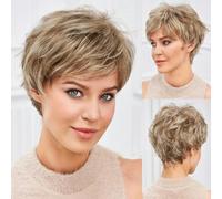 Light Blonde Mixed Off-White Short Pixie Cut Wigs for Women With Bangs Human-hair Like Texture Natural Layered Hair-10inches-180%-SS9009