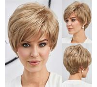 Light Blonde Mixed Off-White Short Pixie Cut Wigs for Women With Bangs Human-hair Like Texture Natural Layered Hair-10inches-180%-SS9008