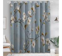 Light Blue 100% Blackout Curtain, Chinese Painting Florals Printing Eyelet Curtains Room Decoration, Polyester Thermal Insulated W 66" x L 72" (2 Panels) for Bedroom Living Room
