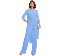 Light-Blue 2 Pieces Mother of The Bride Pant Suits for Wedding Guest Dresses - Chiffon Beaded Sequins Formal Evening Cocktail Party Prom Grandmother of Bride Outfits Size UK12