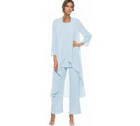Light Blue 3 Pieces Chiffon Mother of The Bride Pant Suits for Wedding Guest - Formal Evening Mother of The Bride Trouser Suits Mother of The Bride Outfits with Jacket Size UK12