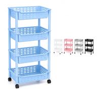 LIGHT BLUE 4 Tier Rolling Storage Trolley with Wheels, Mobile Plastic Basket Organiser Cart, Multipurpose Slim Shelving Unit for Kitchen, Bathroom, Bedroom, Office and Laundry Room, Multiple Colours