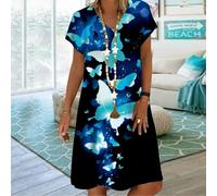 (light blue, 6XL) Summer Fashion V-neck Dress Ladies Short Sleeve Butterfly Moon Printed Dress Loose Casual Dress For Women