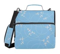 Light Blue Airplane & Flight Paths Pattern 3 Ringing 1.5 inch Zippered Binder Bag with Shoulder Strap Multi-Pocket Document Binder Organizer for Middle Student