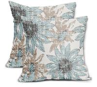 Light Blue and Brown Pillow Covers 16x16 Set of 2 Retro Sunflower Flowers Print Decorative Throw Pillows Outdoor Modern Art Floral Pillowcase Square Linen Cushion Case for Home Sofa Couch Bed