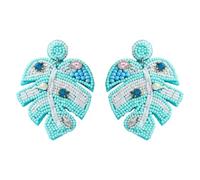 Light Blue Beaded Palm Leaf Dangle Earrings for Women, Handmade Bohemian Braided Beads Plant Leaves Earring with Rhinestones, Statement Drop Jewelry for Parties Weddings Everyday Wear