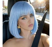 Light Blue Bob Wigs with Bangs (Can Be Trimmed) Straight Short Wigs for Women Synthetic Wig for Cosplay Women Funny Wig for Party Halloween Daily Anime Costume Events (Light Blue)
