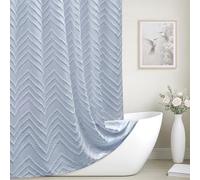 Light Blue Boho Fabric Shower Curtain Tufted Chevron Striped Textured Cloth Curtains for Bathroom, Fog Blue