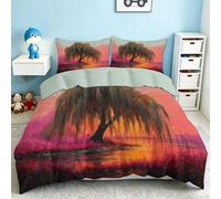 Light Blue Botanical Oil Painting Duvet Cover Set Sunset Willow Lake Water Soft Microfiber Bedding Sets, Reversible Hypoallergenic Quilt Cover 3pcs with 2 Pillowcases 50x75 cm (Super King 260x220 cm)