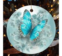 Light Blue Butterfly Ceramic Christmas Ornaments - 4 Pcs Rustic Round Xma Tree Decor with Hanging String, Personalized Vintage Double-Sided Holiday Party Decorations for Xmas Gifts