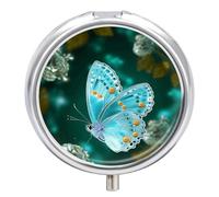 Light Blue Butterfly Pill Box Small Round Pill Case Portable Travel Pill Container Multi-Functional Moisture Proof Metal Medicine Pill Organizer Box for Vitamins Fish Oil