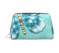 Light Blue Butterfly Print Leather Cosmetic Pouch, Leather Makeup Bag for Purse with Top Zip Closure Stylish Toiletry Bag