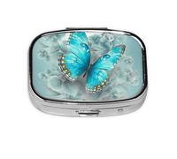 Light Blue Butterfly Print Pill Box Square Pill Case 2 Compartment Small Metal Medicine Organizer Portable Travel Pillbox for Pocket Purse Cute Mini Pill Container to Hold Daily Vitamins