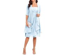Light Blue Chiffon 2 Pieces Mother of The Bride Dresses with Sleeves Jacket Short Mother of Groom Dresses for Women UK18