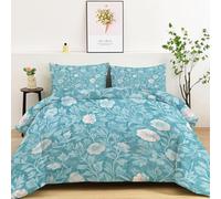 Light Blue Coverless Duvet Set with 2 Pillowcases, Super King Reversible Vintage William Morris Floral Leaves Duvet All Seasons - Lightweight Warm Washable Quilt Boys Girls Comforter 240 x 260 cm