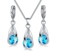 (light blue) Crystal Water Drop Pendent Necklace Earrings Jewelry Set For Women Bridal Wedding Halloween Gift