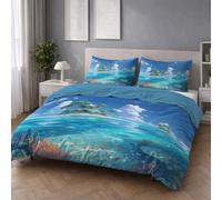 Light Blue Duvet Cover - Queen 230 x 230 - Soft Lightweight, Machine Washable, Antiallergic, Non Iron, Versatile - Modern Plants Sea Fresh Bedding - Duvet Cover Sets For Bedroom