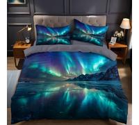 Light Blue Duvet Cover Set Northern Lights over frozen lake Microfibre Bedding Set 120x150 cm with 1 Pillowcases, Soft Breathable Hypoallergenic Quilt Cover for Kids