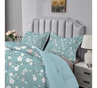 Light Blue Duvet Super King Size, Coverless Duvet 7.5 Tog with Pink Floral Pattern, Soft Lightweight Comforter Set for Autumn Summer, 1 Superking Quilt 260x220cm with 2 Pillowcases, Machine Washable