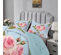 Light Blue Duvet Super King Size, Coverless Duvet 7.5 Tog with Pink Floral Pattern, Soft Lightweight Comforter Set for Autumn Summer, 1 Superking Quilt 260x220cm with 2 Pillowcases, Machine Washable