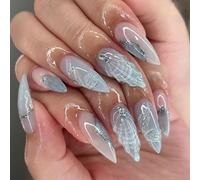 Light Blue False Nails Almond, SXVME Acrylic Press On Nails Medium Short Almond, Cute Fake Nails Press ons With 3D Sculpting Design Rhinestones Full Cover Luxury Glue On Nails Medium For Women 24 Pcs