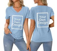 Light Blue Find A Gift Personalised T-Shirts for Women Summer Tops with Custom Front & Back Print Create Your Own Text & Image T-Shirt V Neck Blouse Customised Pullover Jumper
