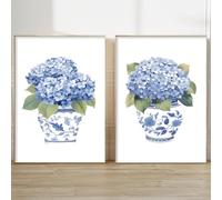 Light Blue Flower Hydrangea Wall Art Porcelain Vase Poster Blue and White Chinoiserie Pictures Chinese Style Chinoiserie Wall Art Hydrangea Flower Prints Chinoiserie Painting Bedroom 16x24in No Frame