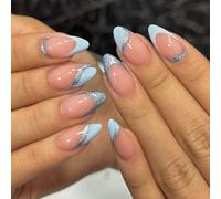 Light Blue French Tip Press on Nails Medium Almond - CHUOZI Fake Nude Pink False ons with Glitter Curve Design Full Cover Nail Tips Acrylic Art Kit for Women Girls 30 Pcs