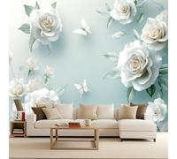 Light Blue-Green Background 3D Wall Murals, White Roses Against A Light Blue-Green Background Photo Wallpaper, Non-Woven Premium Art Print Fleece Wall Mural Decoration Poster Picture Design Modern