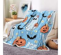 Light Blue Halloween Throw Blanket for Kids, Cute Ghost Pumpkin Black Bat Flowers Boo Flannel Lightweight Blankets, Funny Cartoon Spooky Halloween Soft Throw for Couch Bed Sofa Living Room 50X60IN