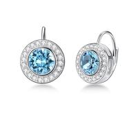 Light Blue Halo Earrings 925 Sterling Silver Classic Round Cut Leverback Earrings with March Birthstone Crystal from Austria, Birthday Jewelry Gifts for Women
