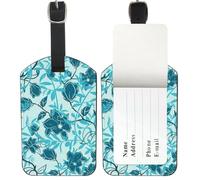 Light Blue Leafy Stems Luggage Labels, Pu Leather Travel Tags with Privacy Protection Cover, Case Tag Bags Luggage Label Holders Identifiers, Men Women Travel Accessories, Graduation Gifts for Her