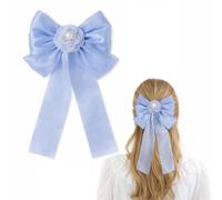 Light Blue Long-Tail Ribbon Hair Bow Clip, Layered Flower, 1 Piece | White Bead-Like Centre, 2 Flowing Tails, Barrette Fastening, For Ponytails, Half-Up Styles, Weddings And Celebrations