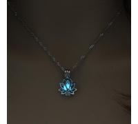 (Light Blue) Luminous Glowing In The Dark Moon Lotus Flower Shaped Pendant Necklace For Women Yoga Prayer Buddhism Jewelry
