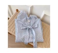 (Light Blue, M) Blue Bow Lacing Chiffon Elegant Blouse Women Clothing Spring New Long Sleeve Polka Dot Print Fashion Shirt Tops Vintage Casual