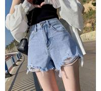 (light blue, M) Comfortable Skinny Fashionable and Versatile Denim Shorts Female Summer High-waisted Thin Hundred with Broken Holes Loose Wide-leg A-line Pants