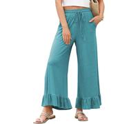 ,light blue,M,Women's Summer Ruffled Nine-point Pants, Wide Leg Pants Thin Loose Casual Home Breathe Trousers, Wearable Outside