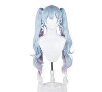Light Blue Mixed Pink Gradient White Long Wave Ponytail with Bangs Heat Resistant Synthesis Costume Hairs for Adult Women Halloween Party Comic Con Replacement Wigs