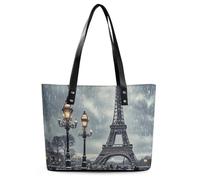 Light Blue Pattern Leather Tote Bag for Women Top Handle Purses Handbags Casual Work Tote Travel Shoulder Bag, Eiffel Tower Winter Rainy, 29*34*14cm